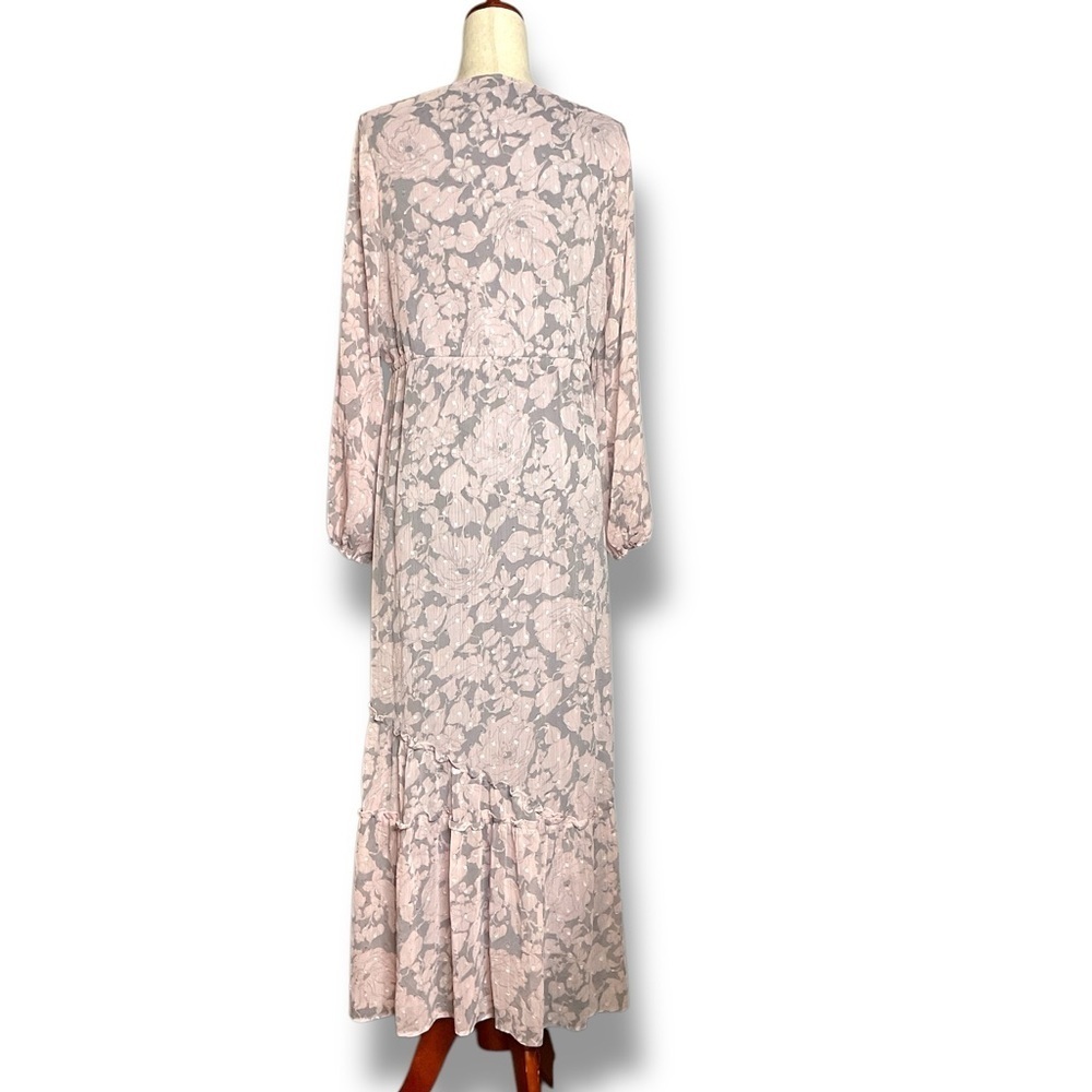 Lovestitch Pink & Grey Floral Balloon Sleeve V-Neck Tiered Maxi Dress Size Med - Picture 5 of 12
